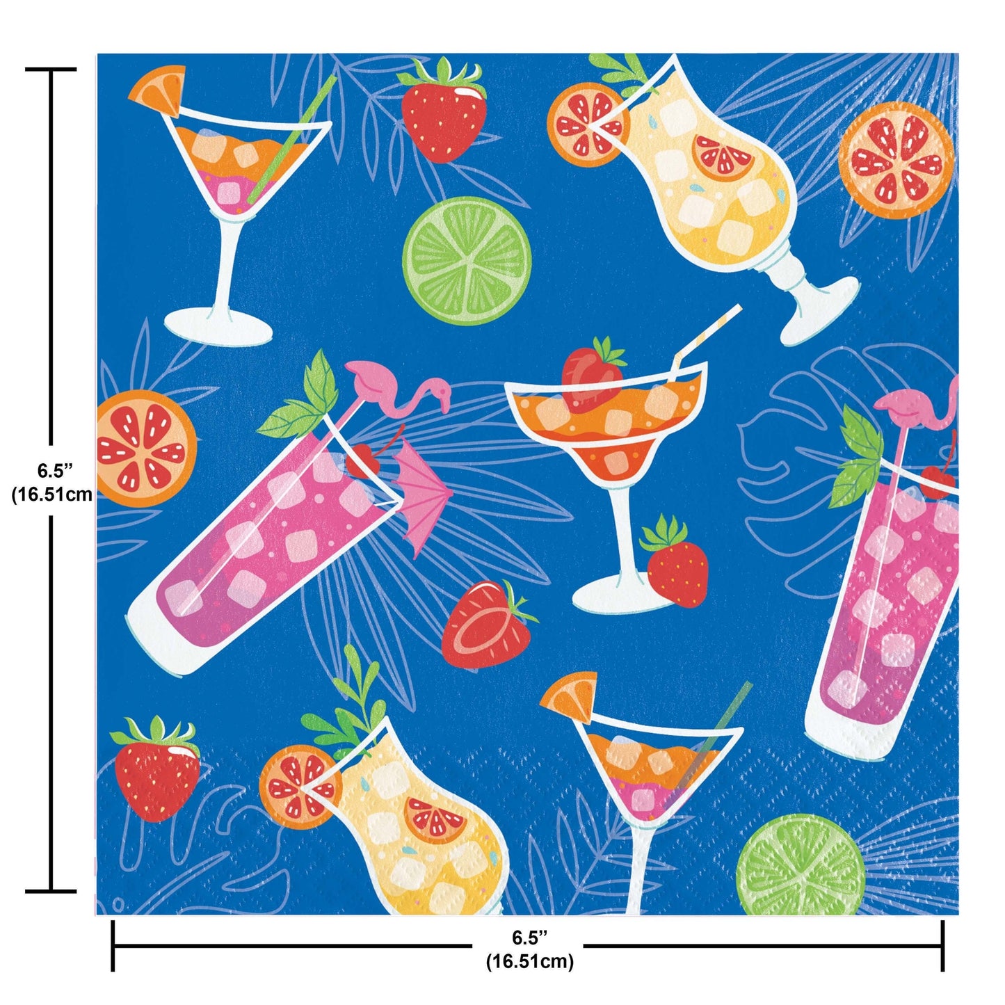 Napkins featuring a collection of colorful cocktails and fruits on a blue background with dimensions indicated.