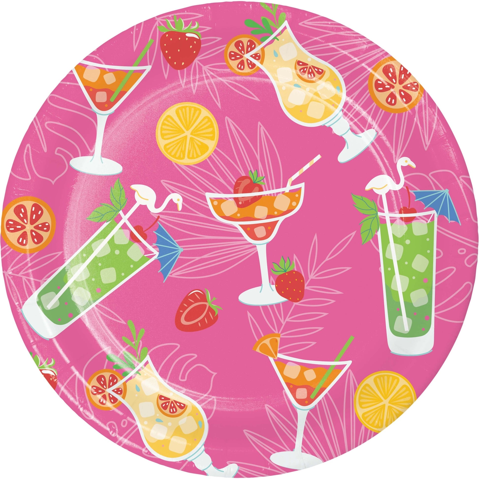 Round pink plate with colorful drink and fruit pattern on a white background