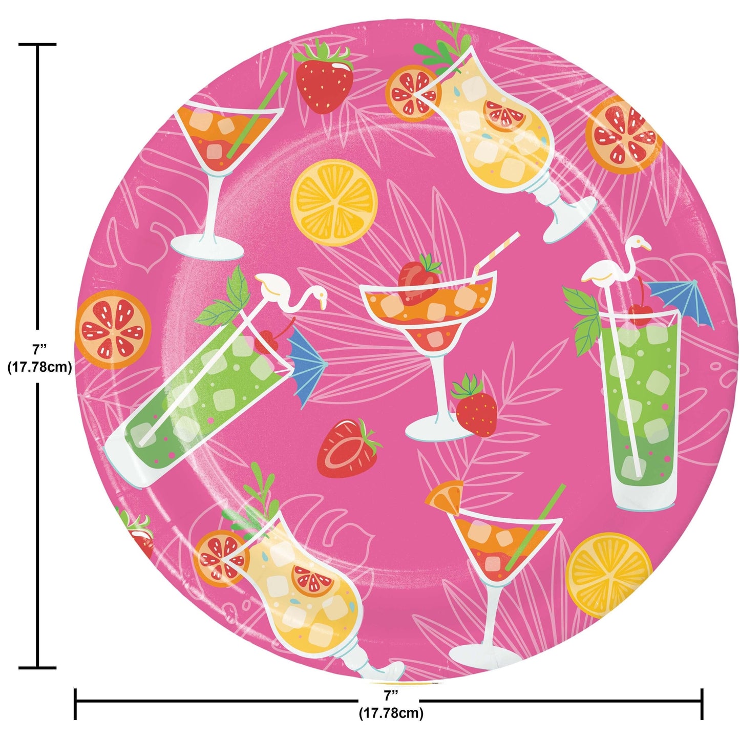 Round pink plate with colorful drink illustrations and measurements on a white background