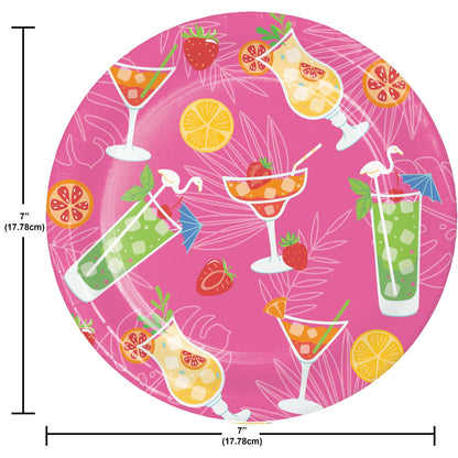 Round pink plate with colorful drink illustrations and measurements on a white background