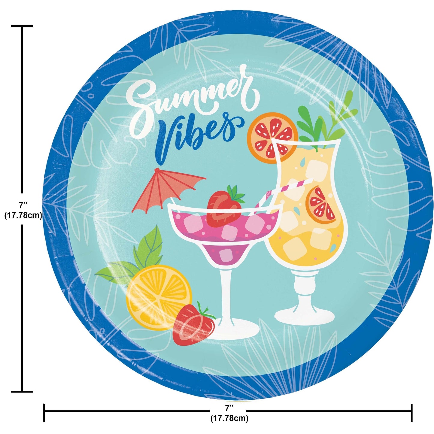 Round paper plate with 'Summer Vibes' text, cocktail design, and measurements.