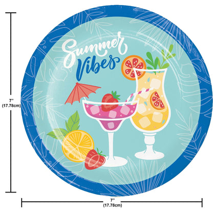 Round paper plate with 'Summer Vibes' text, cocktail design, and measurements.
