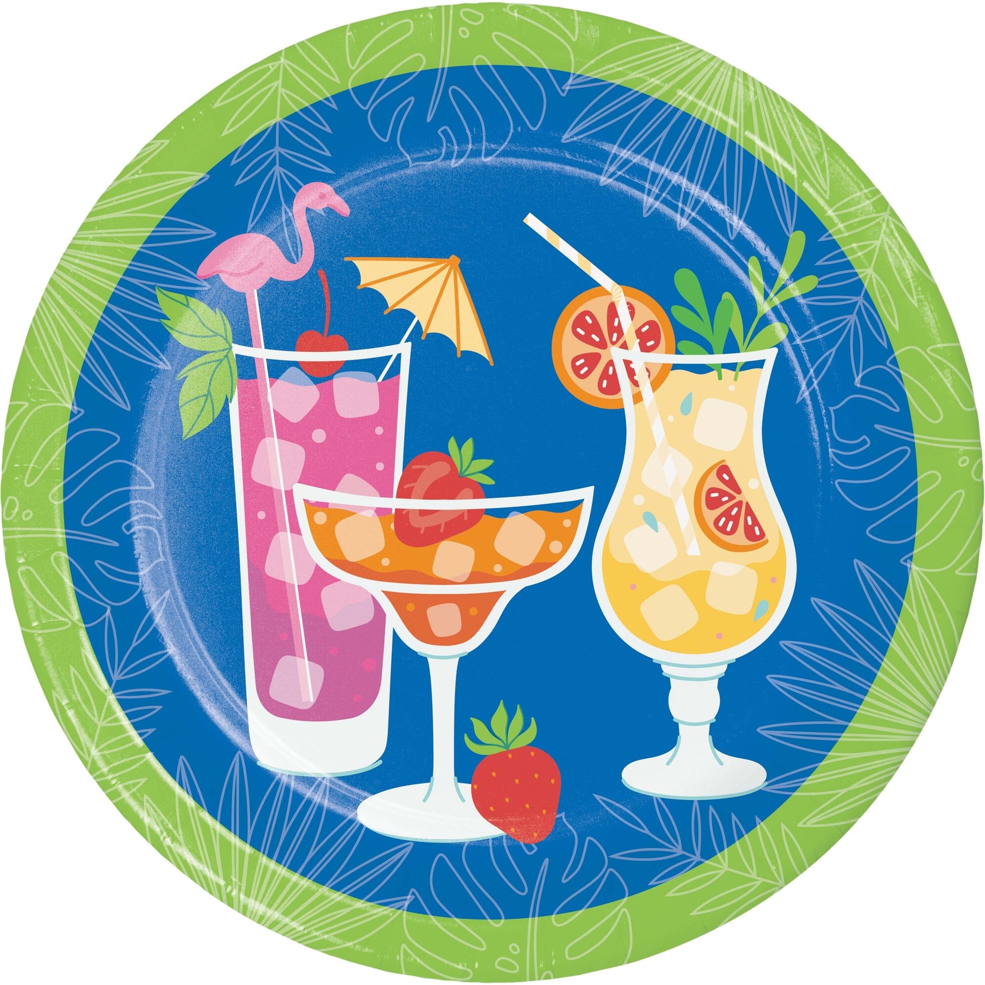 Decorative plate with tropical drinks and fruits on a blue background and a green border