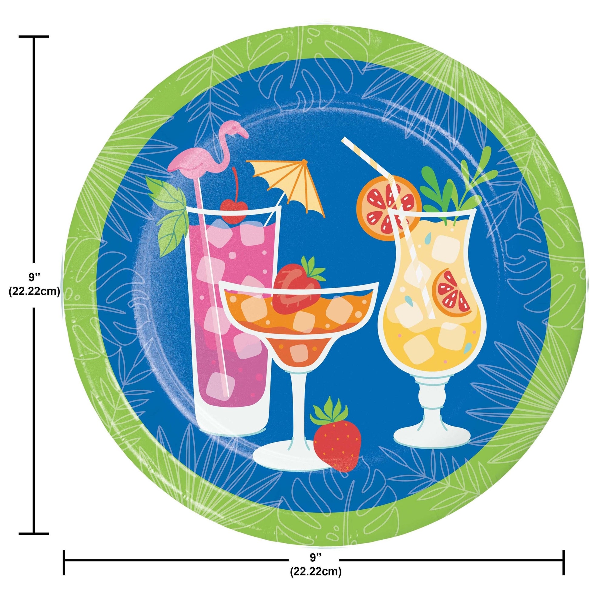 Round paper plate with tropical drink design, flamingo, and umbrella on a blue background with green border. Measurements shown.