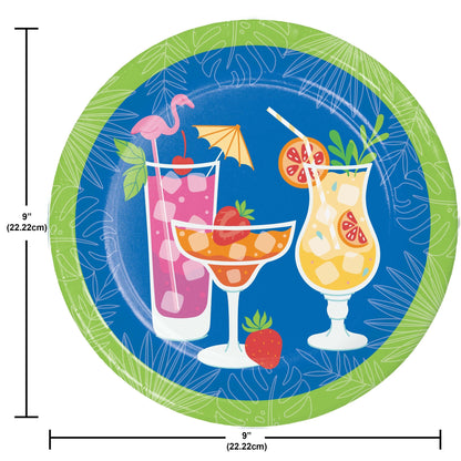 Round paper plate with tropical drink design, flamingo, and umbrella on a blue background with green border. Measurements shown.