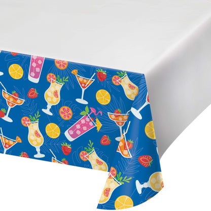 Tablecloth with cocktail and fruit pattern on a blue background