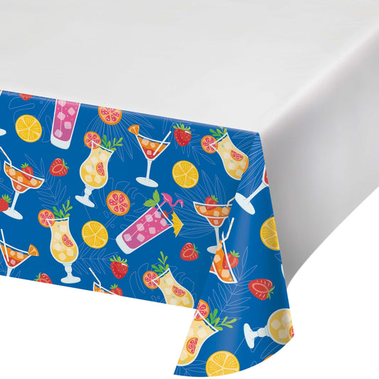 Tablecloth with cocktail and fruit pattern on a blue background