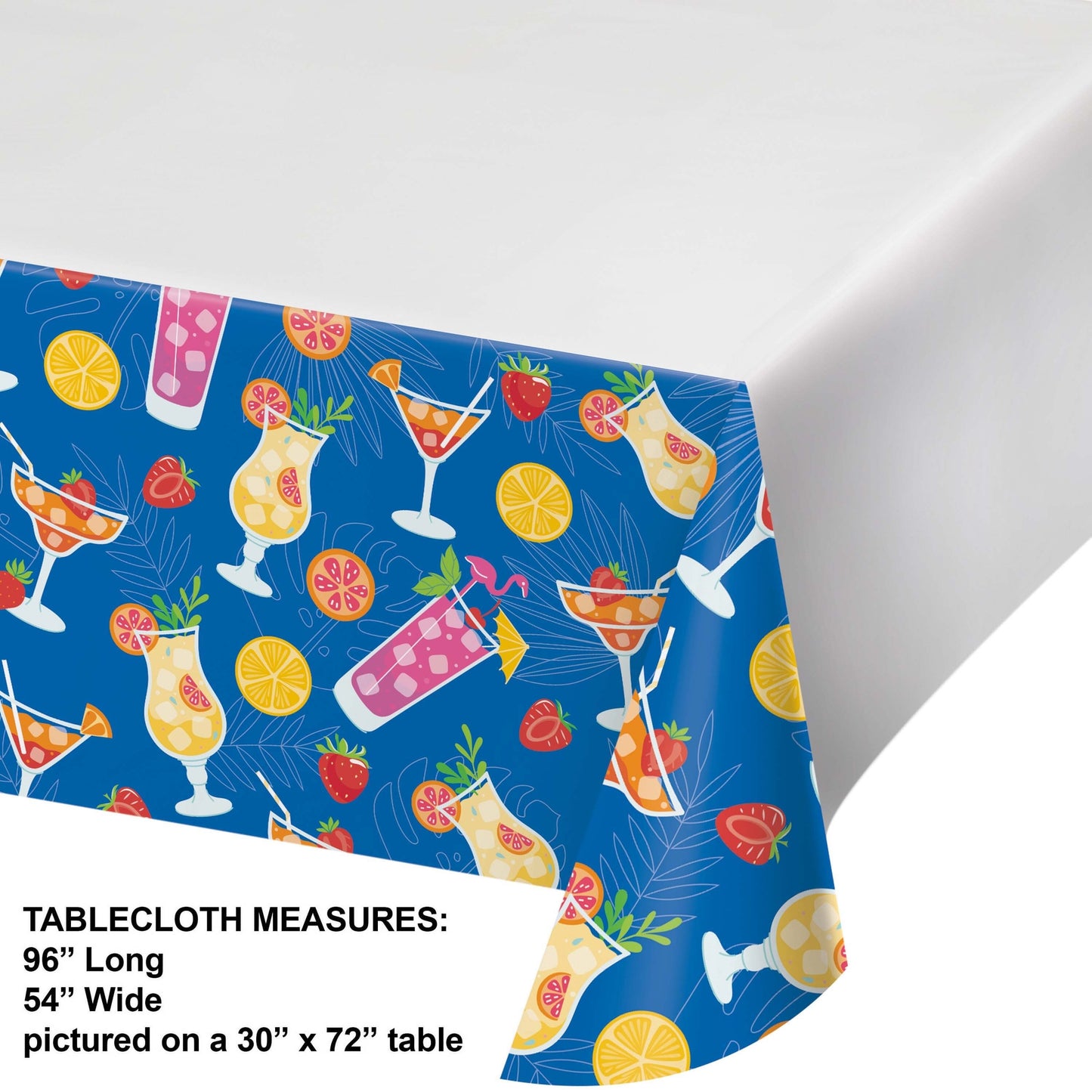 Tablecloth with cocktail pattern on a blue background with measurements included.