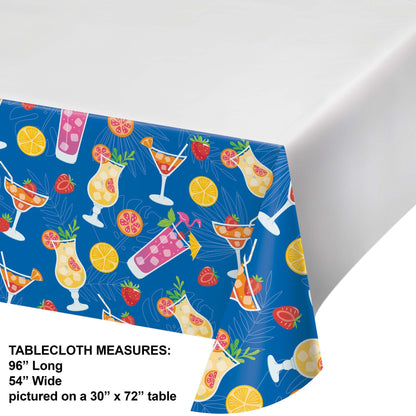 Tablecloth with cocktail pattern on a blue background with measurements included.