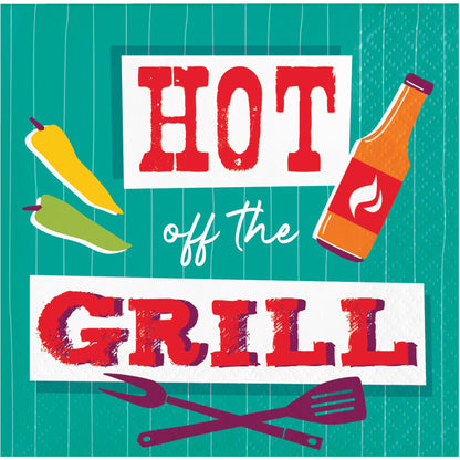 Colorful napkin with 'Hot off the Grill' text and grill-related icons on a teal background