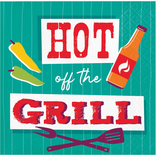 Colorful napkin with 'Hot off the Grill' text and grill-related icons on a teal background