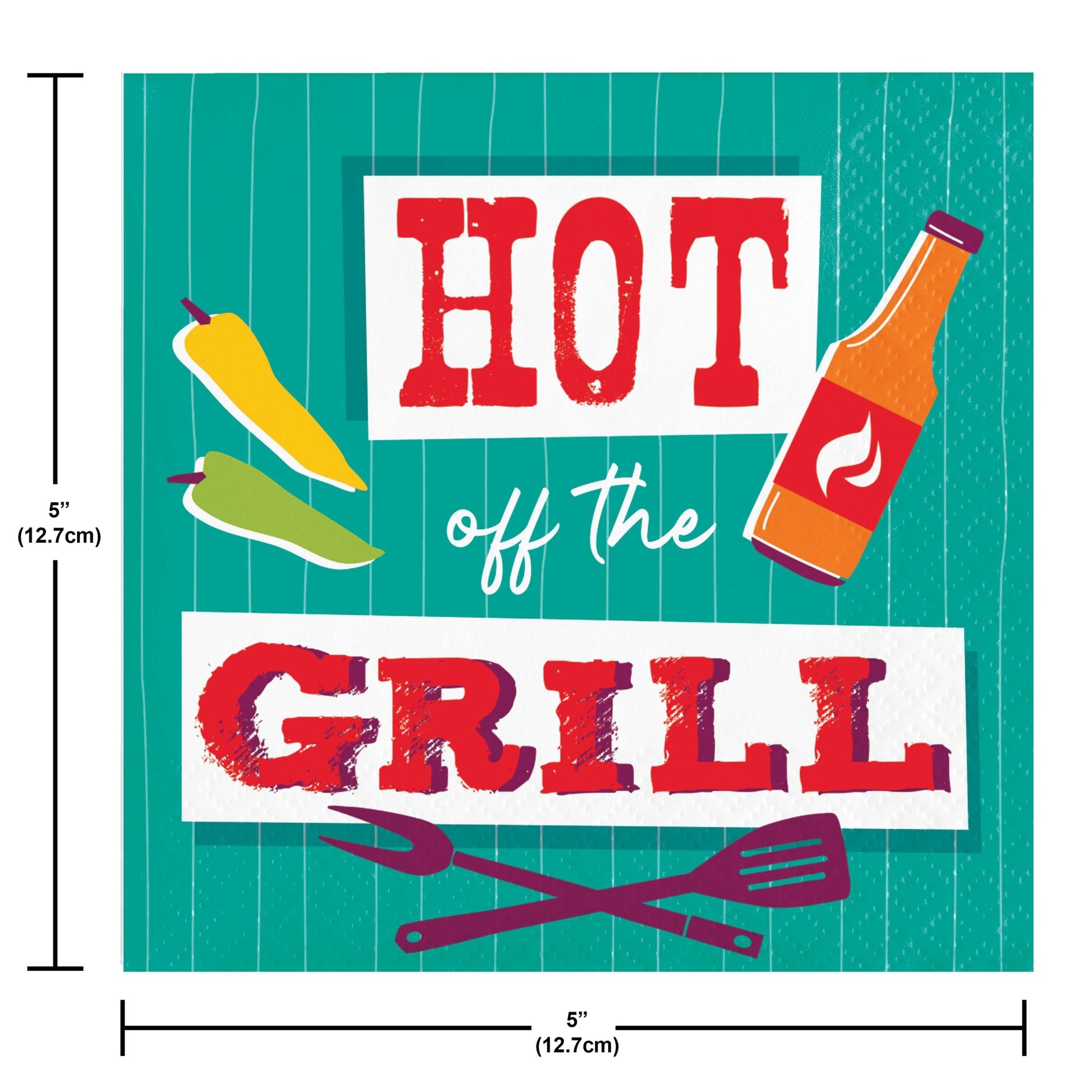 Decorative napkin with 'Hot off the Grill' text and grill-related graphics on a green background. Measurement included
