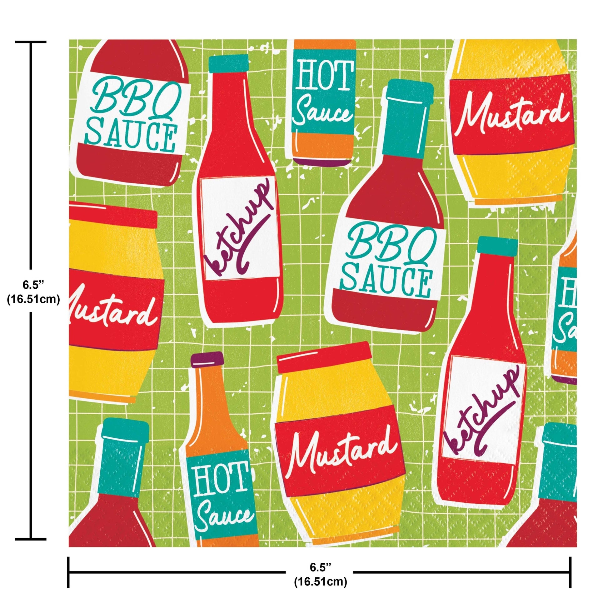 Colorful napkins featuring condiment bottles including BBQ sauce, ketchup, mustard, and hot sauce on a green background with measurements.