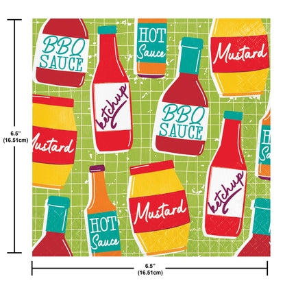 Colorful napkins featuring condiment bottles including BBQ sauce, ketchup, mustard, and hot sauce on a green background with measurements.