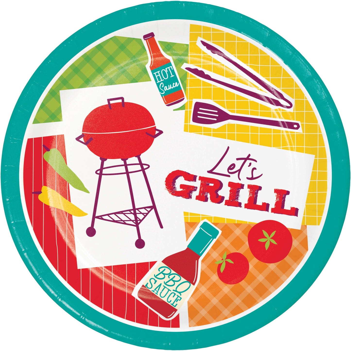 Colorful paper plate with grill-themed design, including a barbecue, hot sauce bottles, and utensils.
