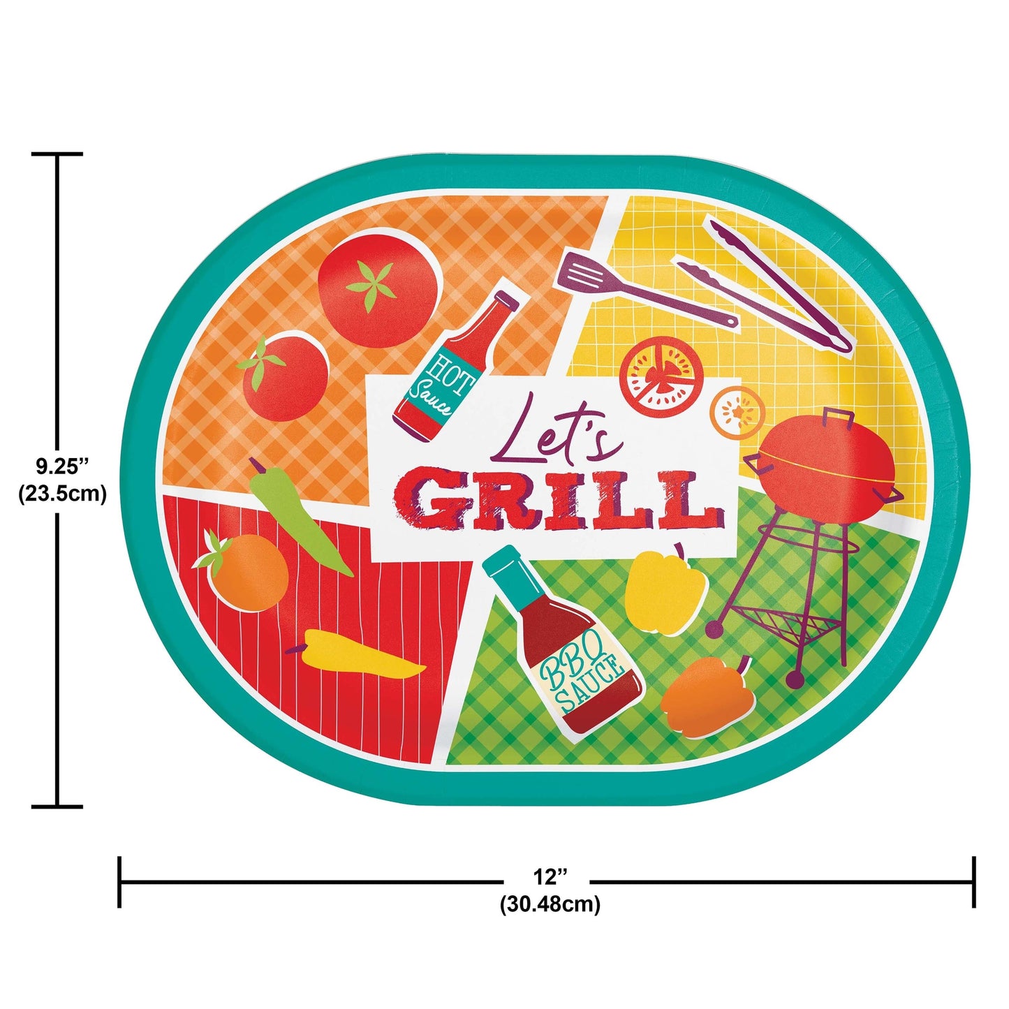 Colorful oval plate with grill-themed design and dimensions on a white background
