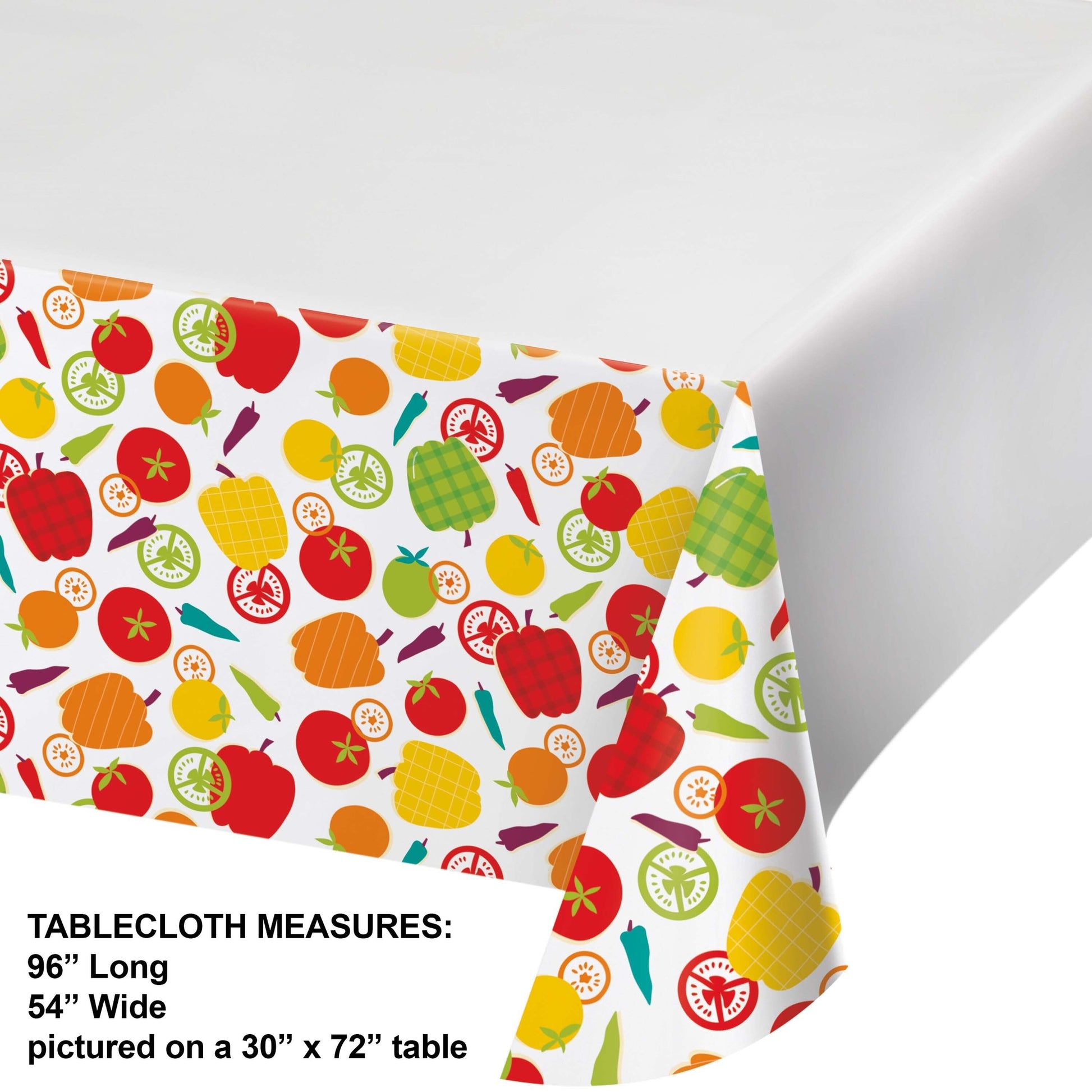 Colorful tablecloth featuring various vegetables on a white background. Measurements included.