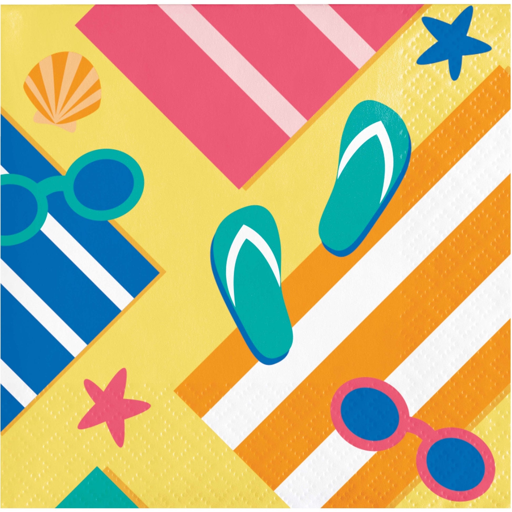 Colorful paper napkin with beach-themed designs including flip-flops, sunglasses, seashells and starfish on a geometric patterned background.