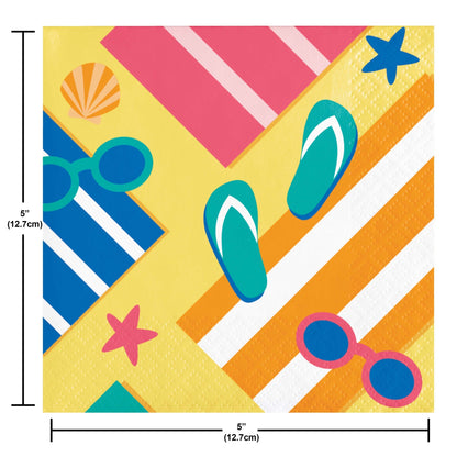 Colorful pattern with flip-flops, sunglasses, and beach items on a yellow background with measurements.