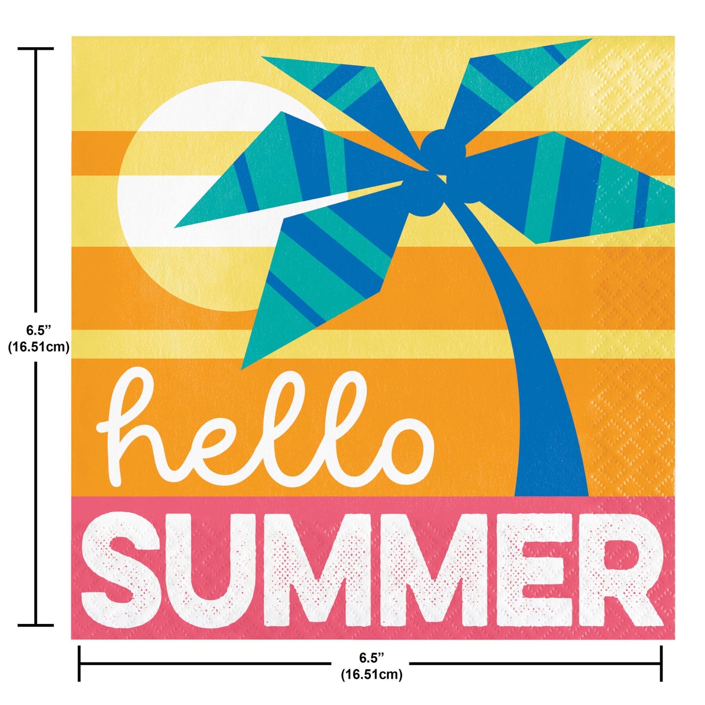 Colorful napkin with palm tree and 'hello summer' text on a yellow and orange background with measurements