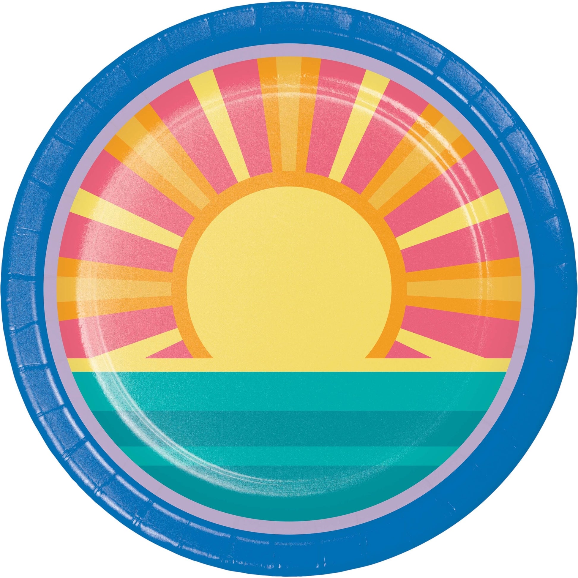 Paper plate with a colorful sun design on a white background