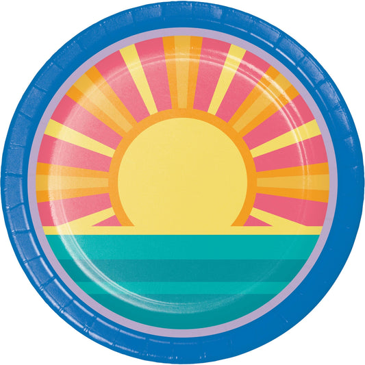 Paper plate with a colorful sun design on a white background