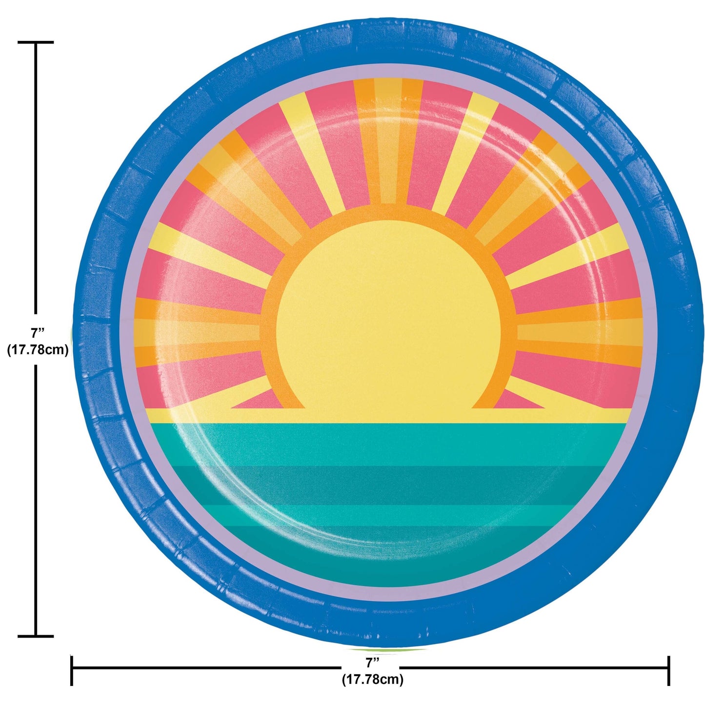 Paper plate with a colorful sun design and measurements on a white background