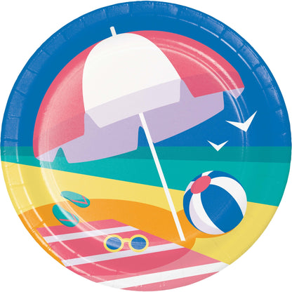 Colorful paper plate with beach umbrella, ball, and towel design on a white background