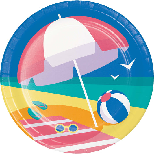 Colorful paper plate with beach umbrella, ball, and towel design on a white background