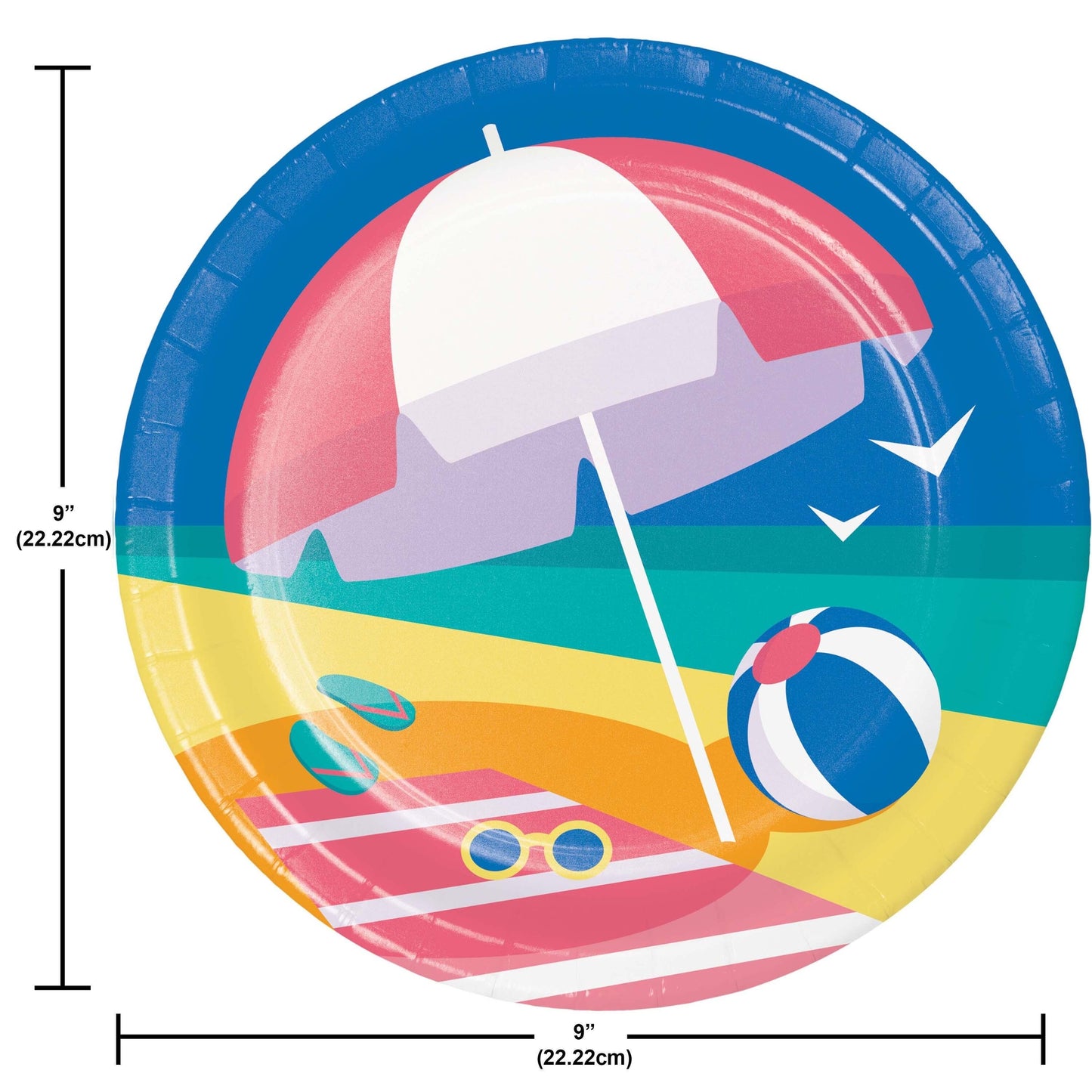 Colorful paper plate with beach umbrella and ball design, dimensions indicated.