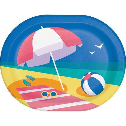 Colorful oval paper plate with beach scene design featuring an umbrella, towel, ball, and flip-flops.
