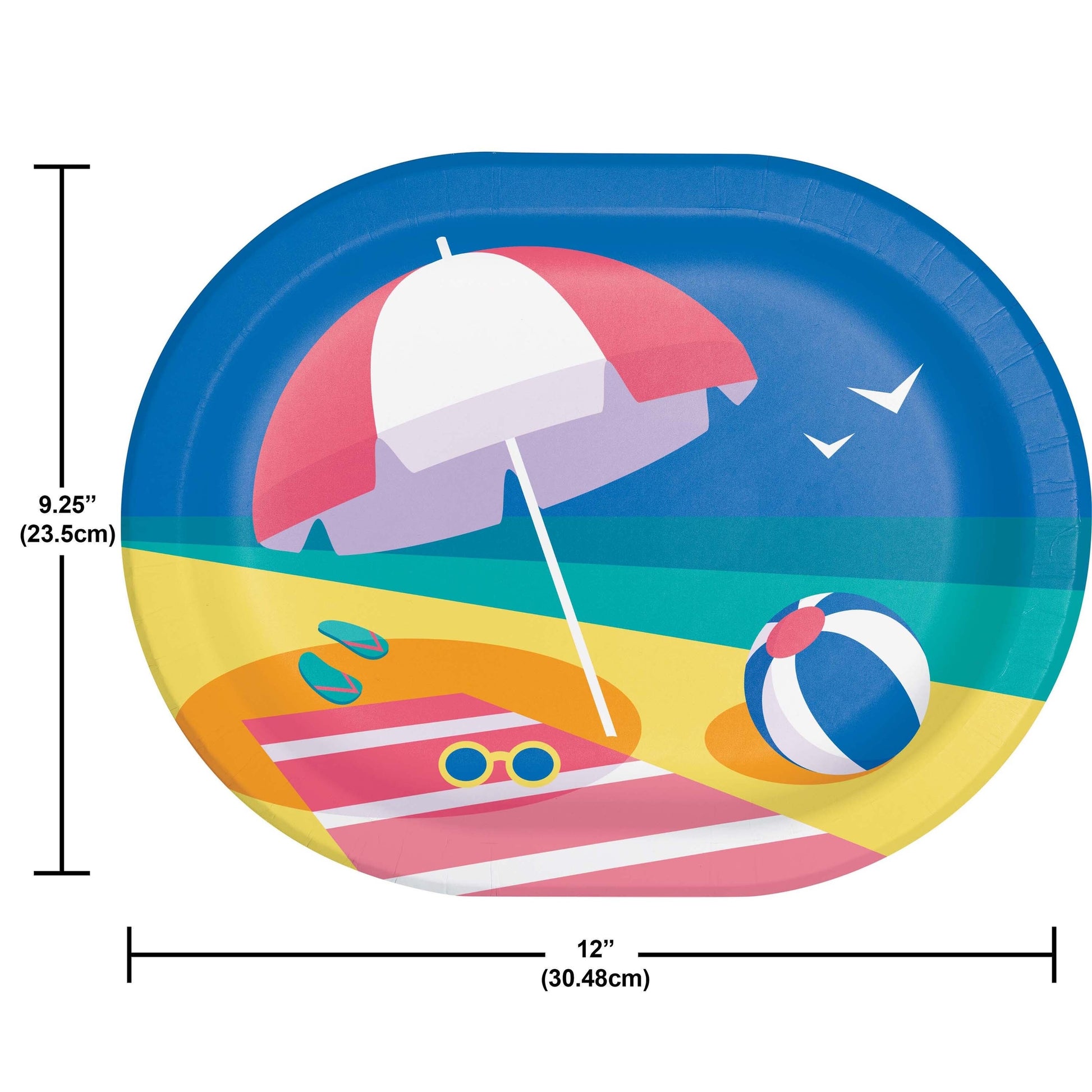 Colorful oval paper plate with beach scene design, including an umbrella and ball, with measurements indicated.