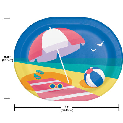Colorful oval paper plate with beach scene design, including an umbrella and ball, with measurements indicated.