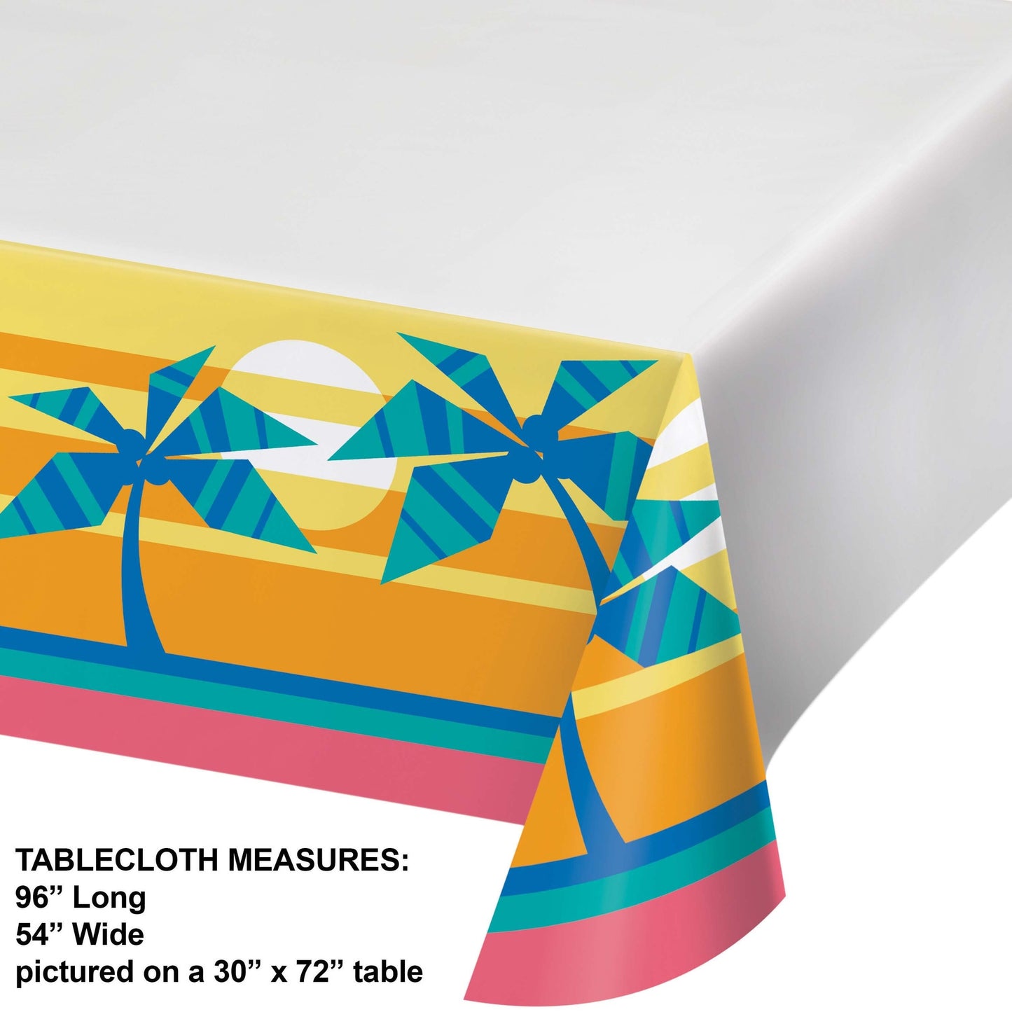 Colorful tablecloth with palm tree design on a white background with measurements shown.