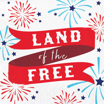 Napkin with red and white text 'LAND of the FREE' with blue and red fireworks on a white background