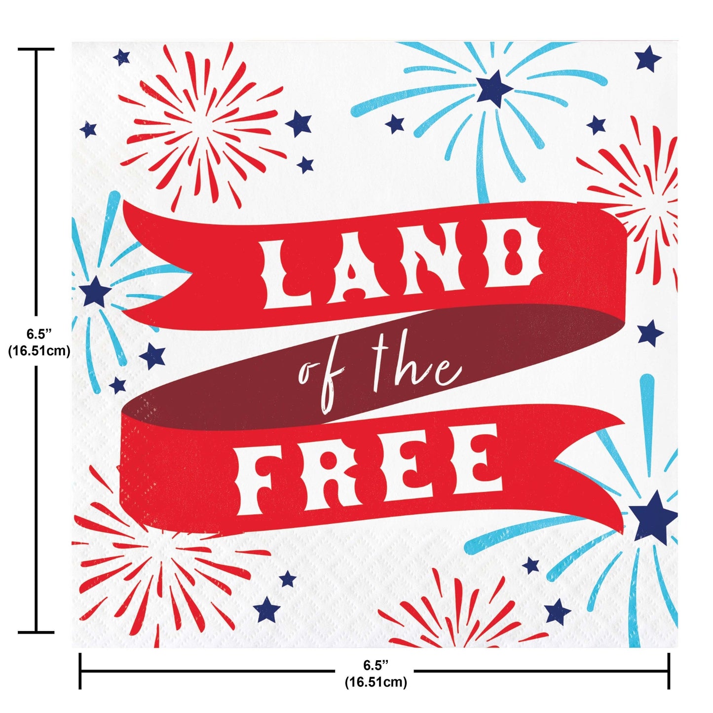 Napkin with 'Land of the Free' text and fireworks on a white background