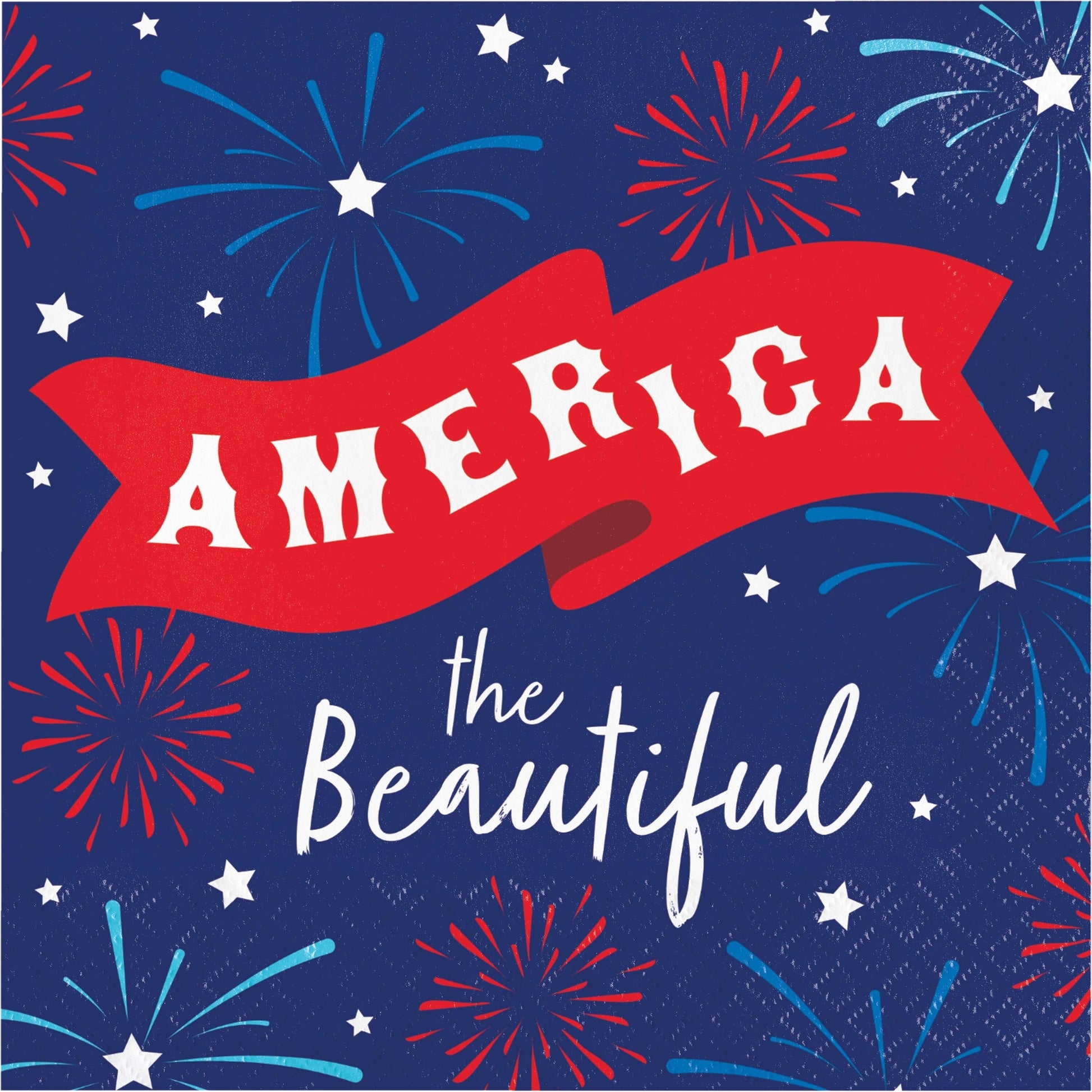 Napkin with 'AMERICA the Beautiful' text and fireworks design on a blue background