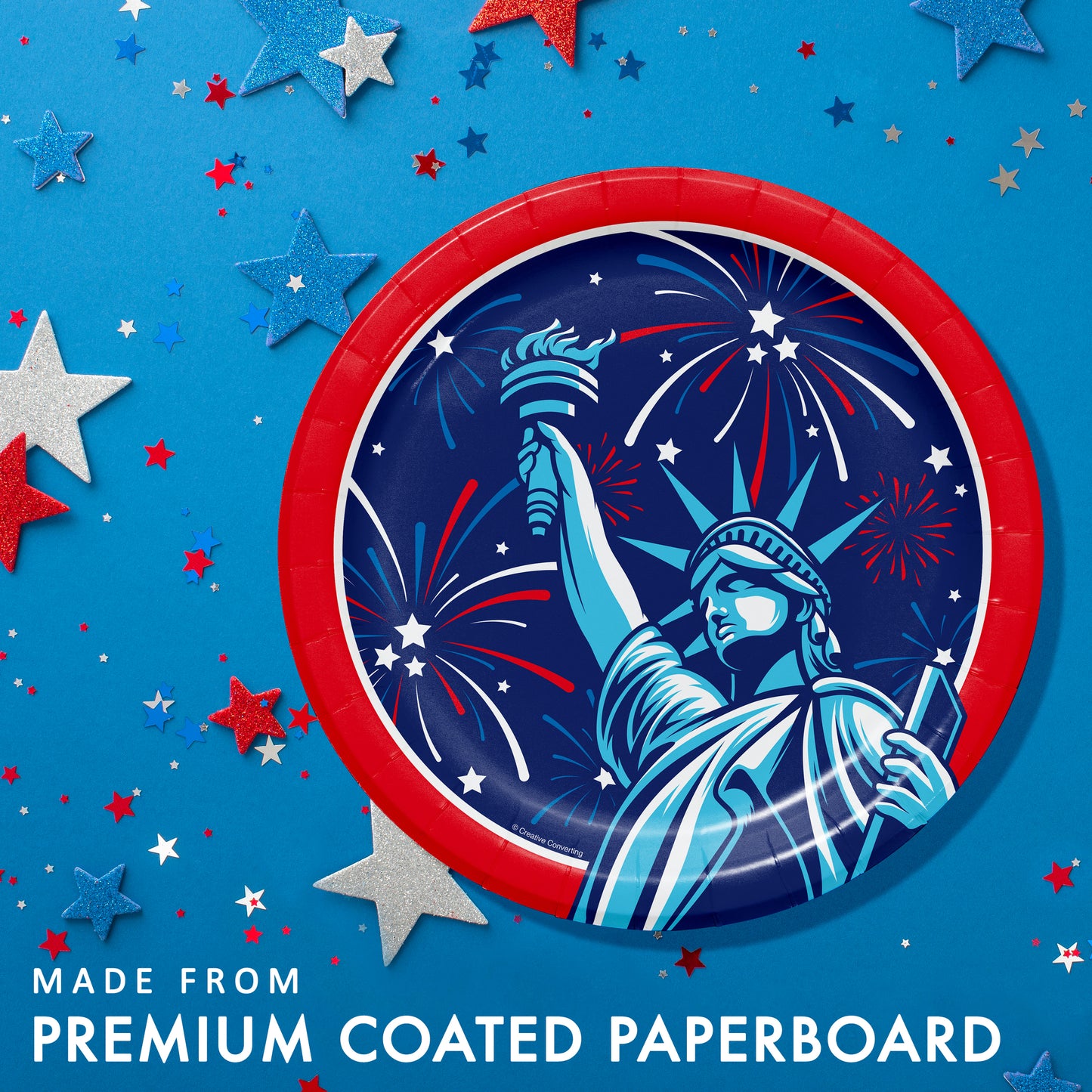 Paper plate with Statue of Liberty design on a blue background with stars