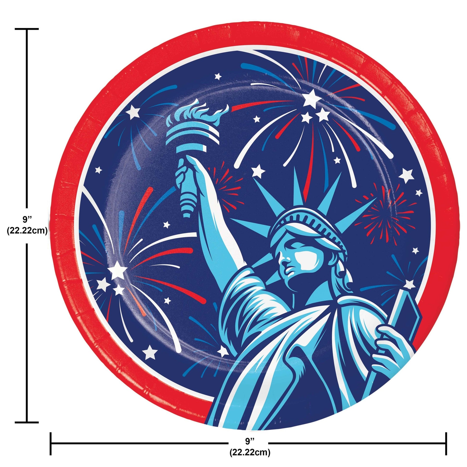 Paper plate with Statue of Liberty design and fireworks, showing dimensions.