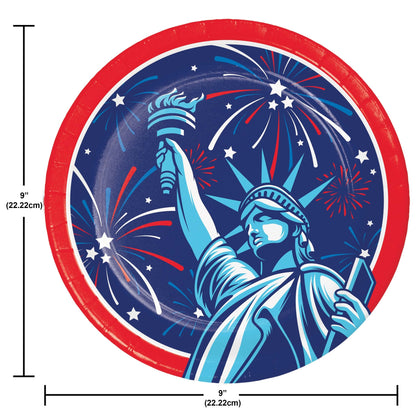 Paper plate with Statue of Liberty design and fireworks, showing dimensions.