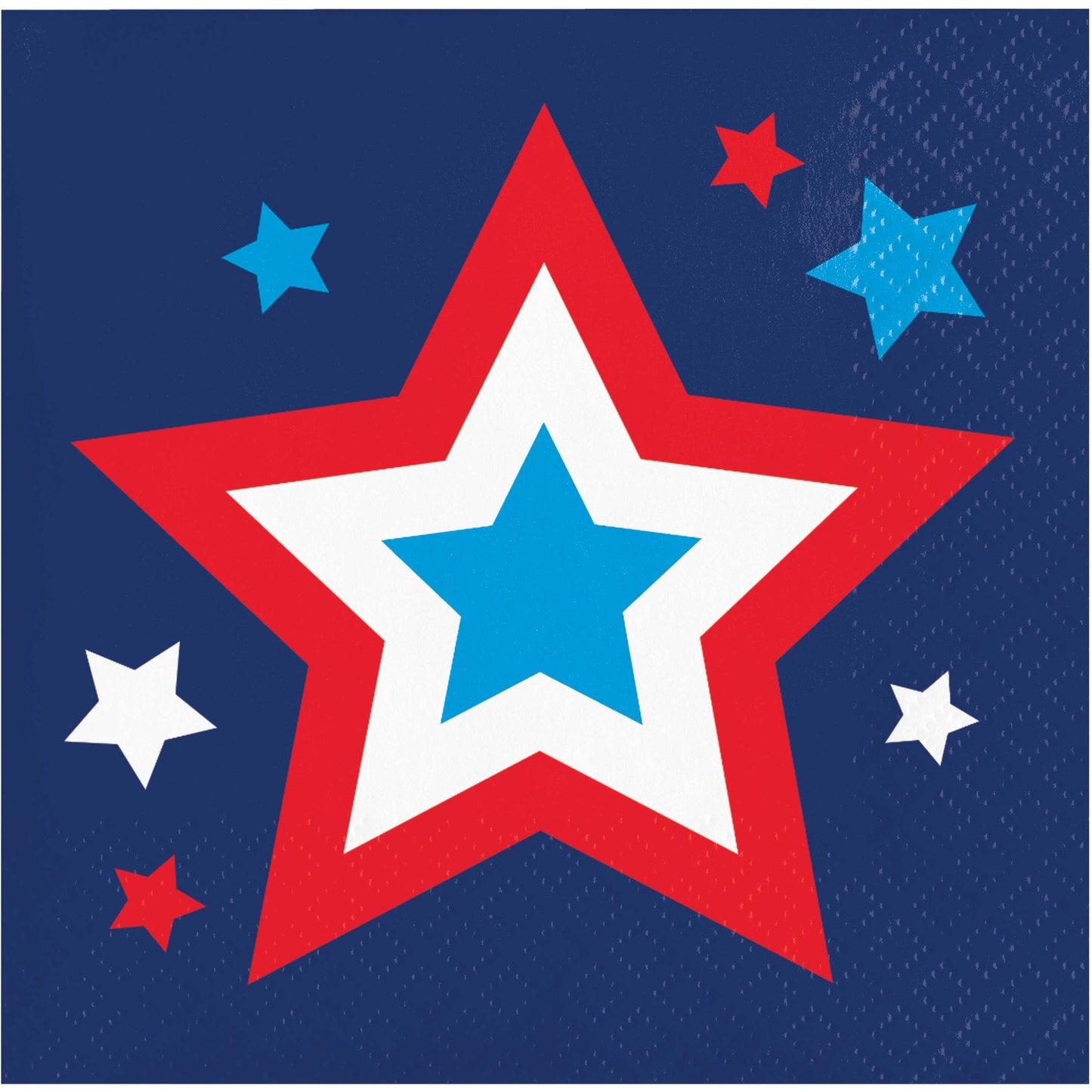 Napkin with a large red star in the center, surrounded by smaller blue and white stars on a blue background.