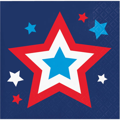 Napkin with a large red star in the center, surrounded by smaller blue and white stars on a blue background.