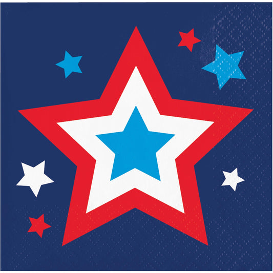 Napkin with a large red star in the center, surrounded by smaller blue and white stars on a blue background.