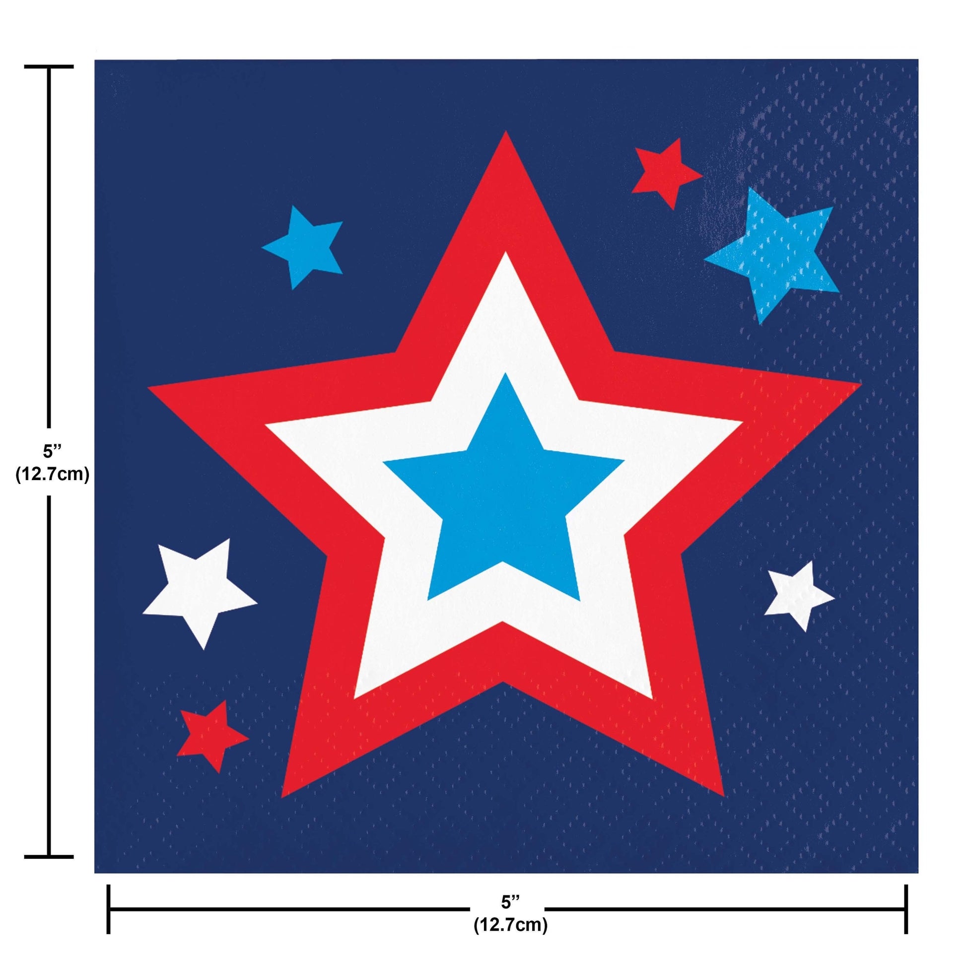 Napkin with red, white, and blue star design on a blue background. Measurements included.