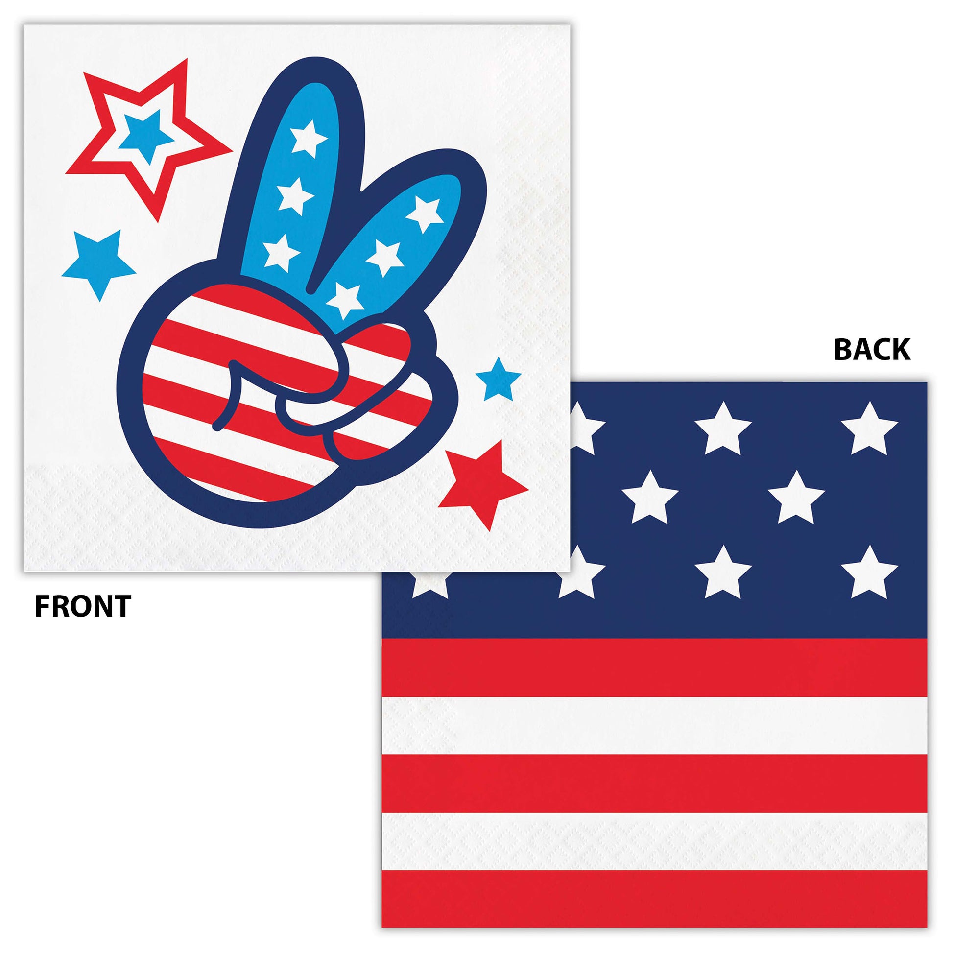 Two-sided napkin with a peace sign and stars design on one side, and an American flag on the other.