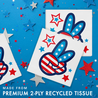 Patriotic-themed napkins with stars and stripes on a blue background