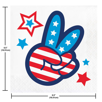Peace sign with American flag design and stars, with measurements on a white background