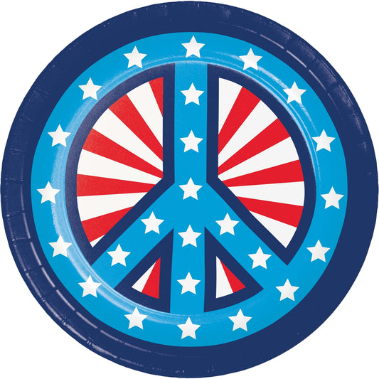 Peace symbol plate with red, white, and blue design on a blue background