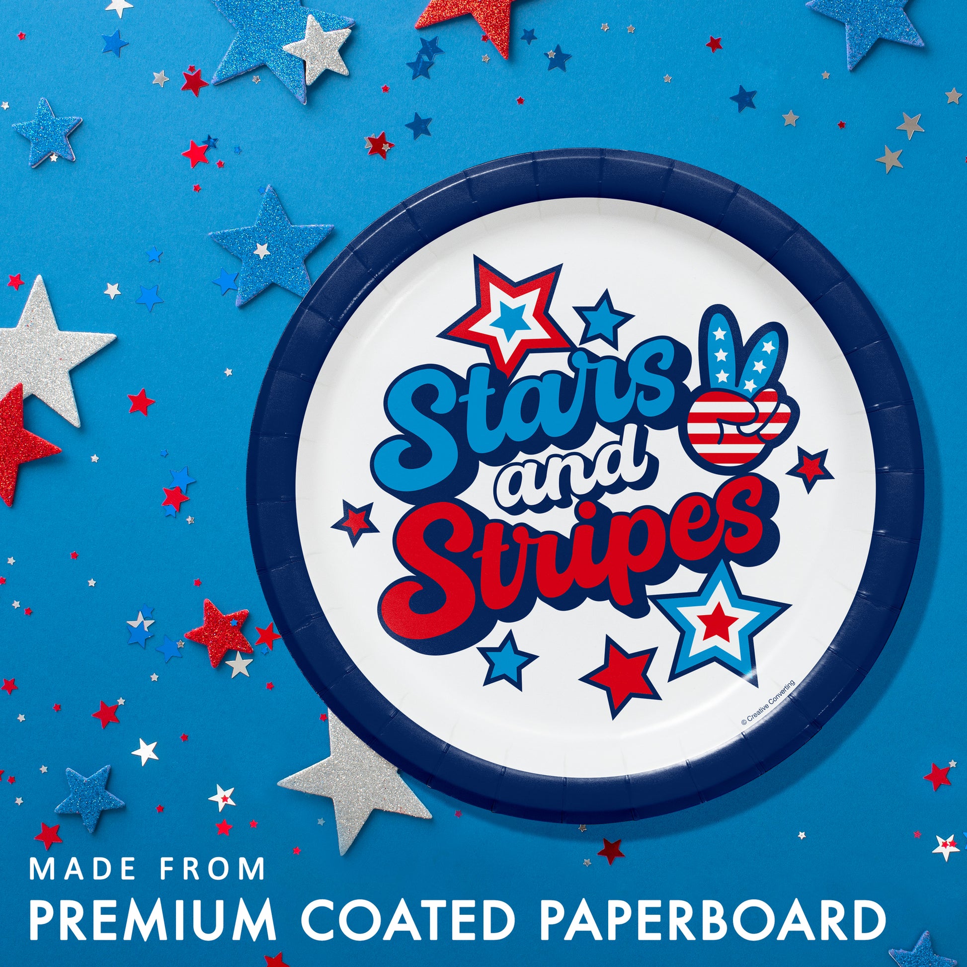 Paper plate with 'Stars and Stripes' design on a blue background with stars and 'Made from premium coated paperboard' text.