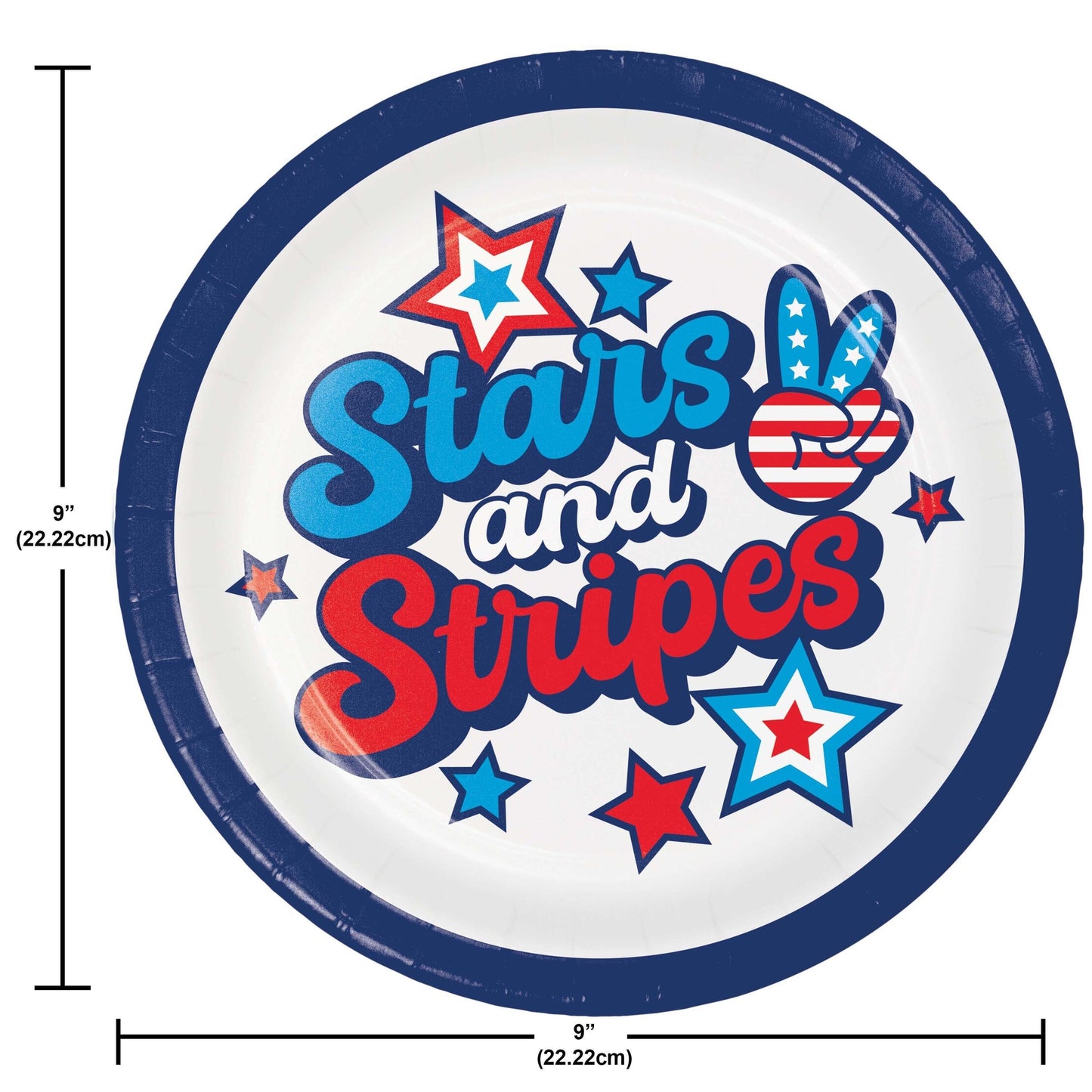 Round paper plate with 'Stars and Stripes' design featuring stars and stripes text. Dimensions shown.